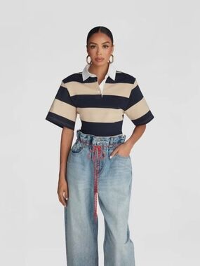 KBB by KAHLANA Women's Short Sleeve The Fitted Rugby Shirt"- Navy/Tan M